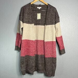 Divine Heart Colorblock Open Front Cardigan Brown Cream Raspberry Pink Size S